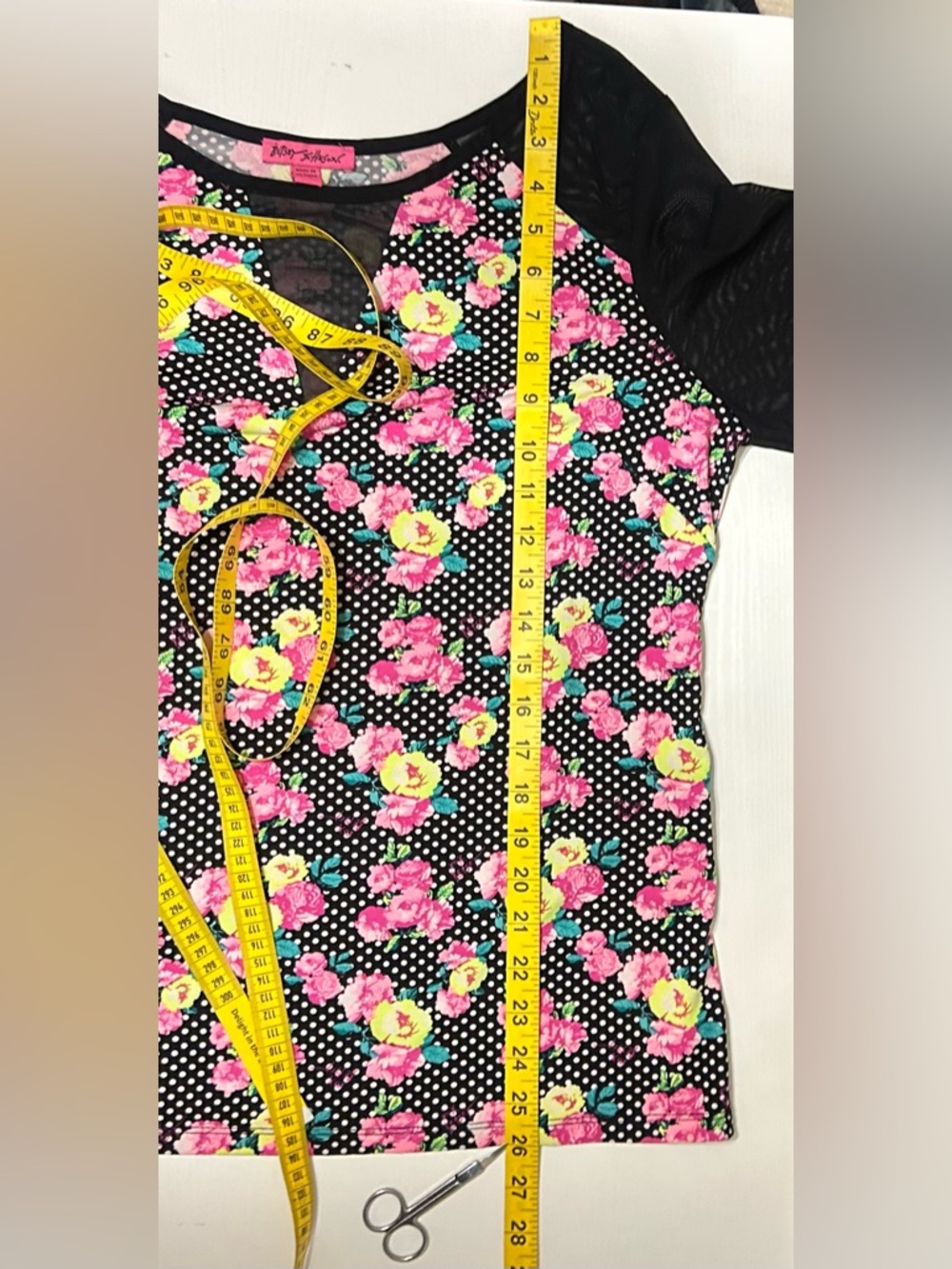 Betsey Johnson Womens XL Floral Polka Dot Mesh Long Sleeve Top Black Pink V-Neck - Picture 6 of 12